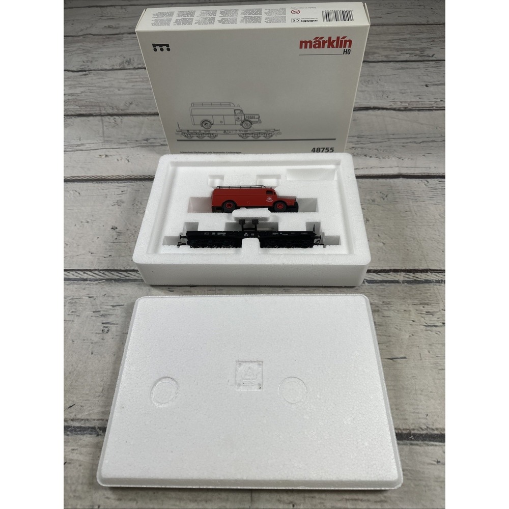 Märklin 48755 H0 DB Heavy Duty Flat Car Büssing Fire Truck NEW O/B